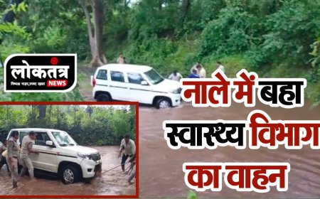 बुरहानपुर बाढ़ के पानी से नाले में वही सरकारी कर्मचारियों से भारी कार, थाना प्रभारी ने पानी में उतर कर किया रेस्क्यू
