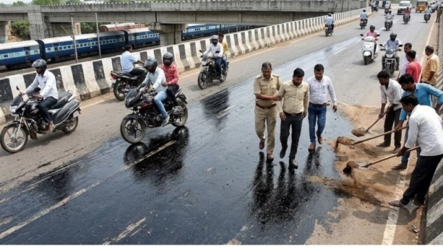 दमोह ओवरब्रिज पर फैला जला हुआ ऑयल: आरआई और 3 पटवारियों सहित 15 बाइक सवार फिसले, मची अफरा-तफरी